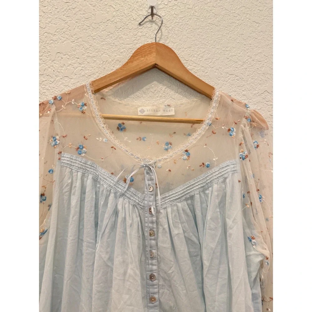 Eileen West Blue Cotton Embroidered Mesh Sleeve Lawn Nightgown Victorian Style M - Picture 5 of 12